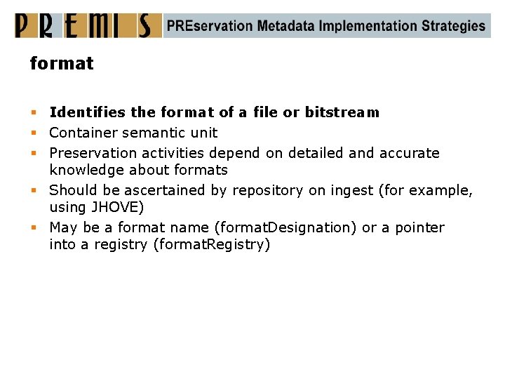 format § Identifies the format of a file or bitstream § Container semantic unit