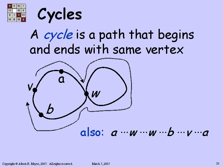 Cycles A cycle is a path that begins and ends with same vertex a