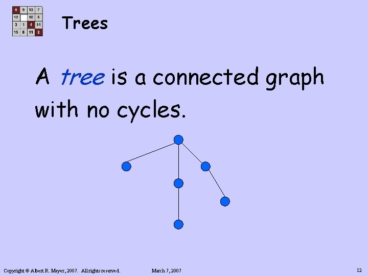 Trees A tree is a connected graph with no cycles. Copyright © Albert R.
