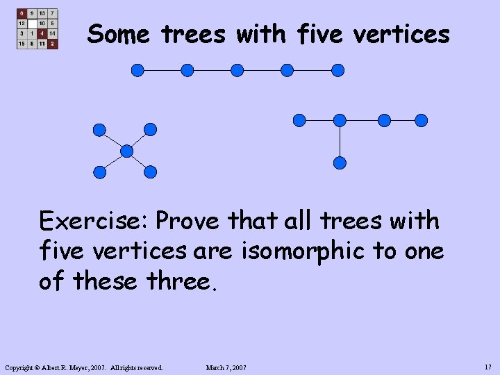 Some trees with five vertices Exercise: Prove that all trees with five vertices are