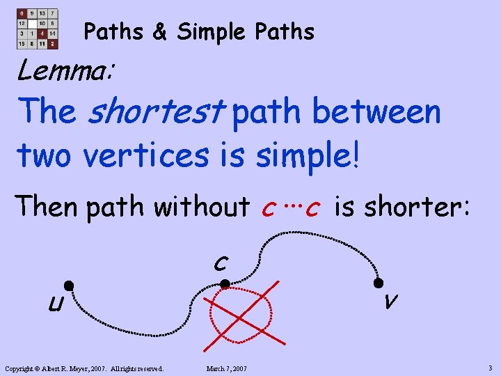 Paths & Simple Paths Lemma: The shortest path between two vertices is simple! Then