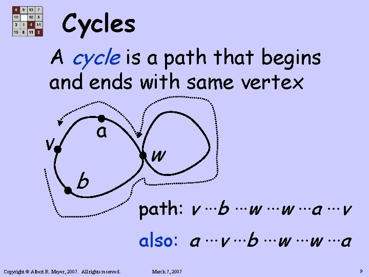 Cycles A cycle is a path that begins and ends with same vertex a