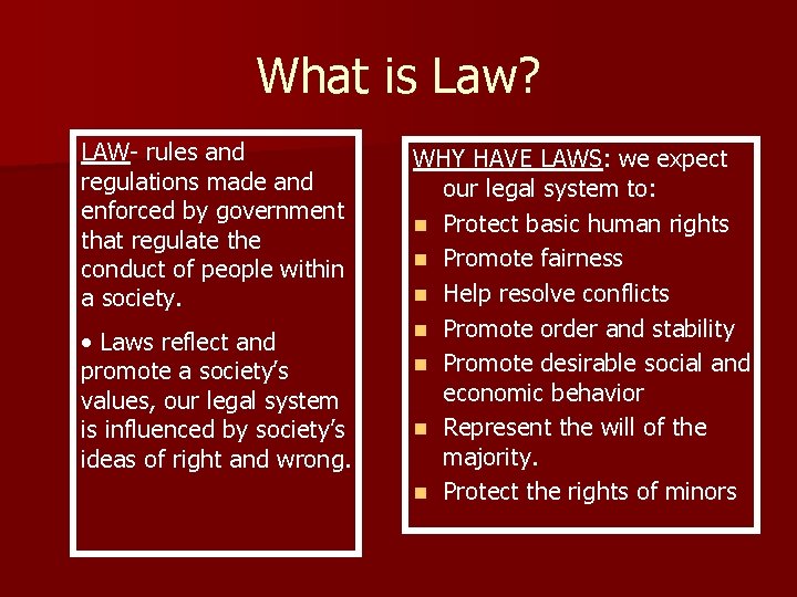 What is Law? LAW- rules and regulations made and enforced by government that regulate