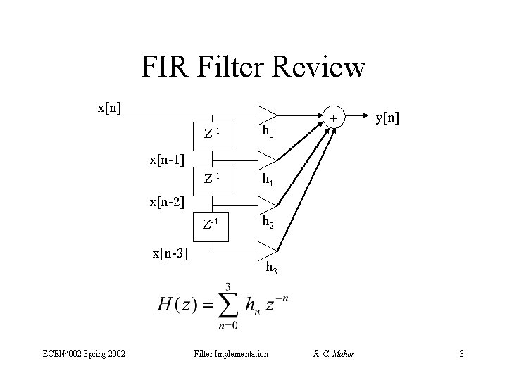 FIR Filter Review x[n] Z-1 h 0 Z-1 h 1 Z-1 h 2 +