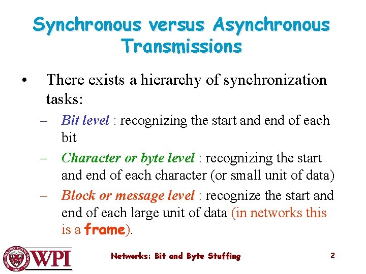 Synchronous versus Asynchronous Transmissions • There exists a hierarchy of synchronization tasks: – Bit