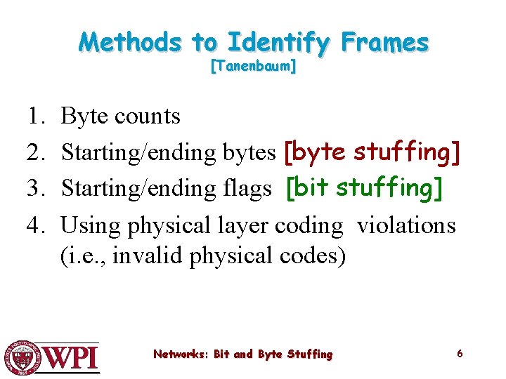 Methods to Identify Frames [Tanenbaum] 1. 2. 3. 4. Byte counts Starting/ending bytes [byte