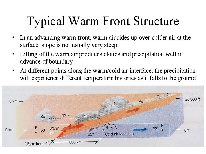 Typical Warm Front Structure • In an advancing warm front, warm air rides up