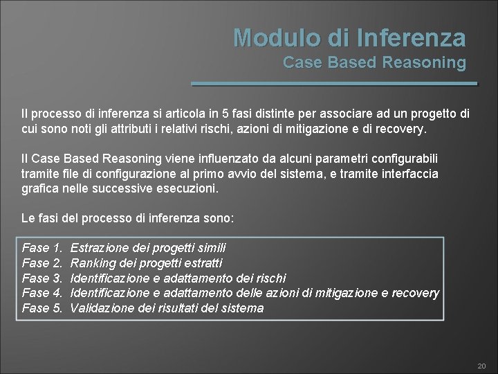 Modulo di Inferenza Case Based Reasoning Il processo di inferenza si articola in 5