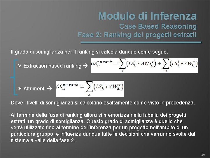 Modulo di Inferenza Case Based Reasoning Fase 2: Ranking dei progetti estratti Il grado