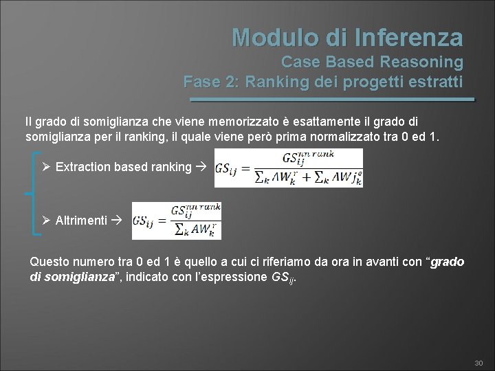 Modulo di Inferenza Case Based Reasoning Fase 2: Ranking dei progetti estratti Il grado