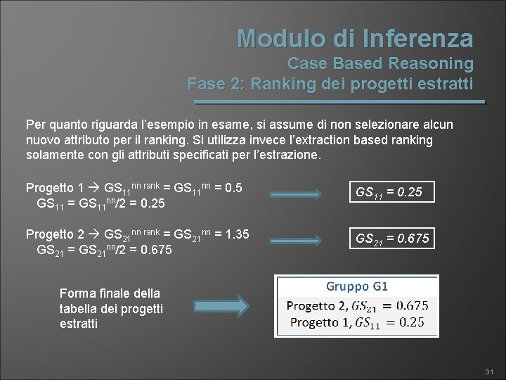 Modulo di Inferenza Case Based Reasoning Fase 2: Ranking dei progetti estratti Per quanto