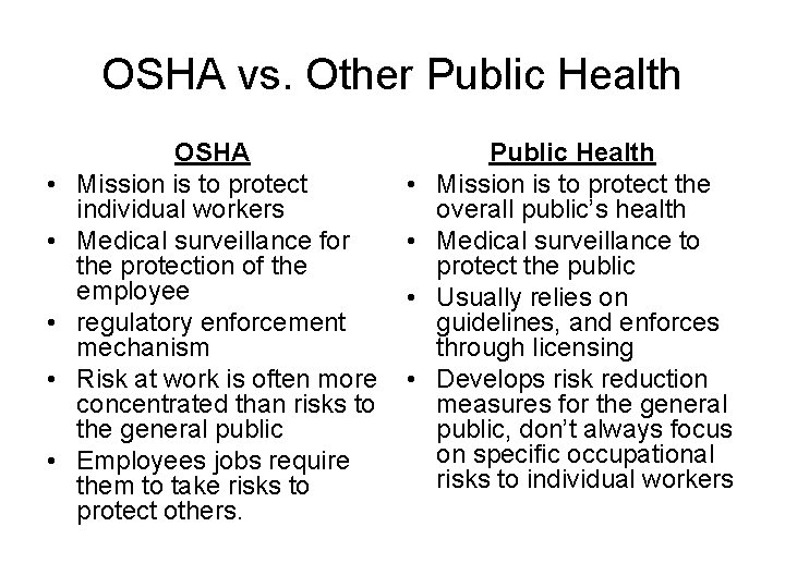 OSHA vs. Other Public Health • • • OSHA Mission is to protect individual