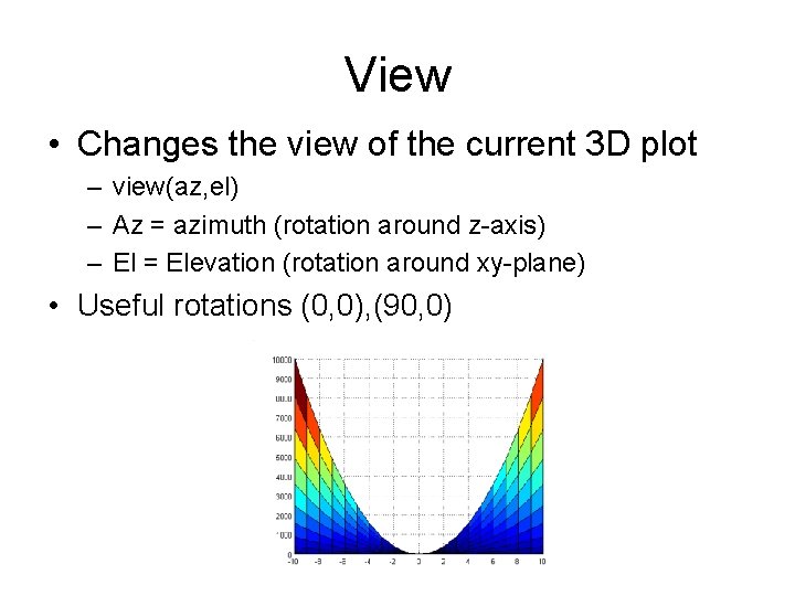 View • Changes the view of the current 3 D plot – view(az, el) View • Changes the view of the current 3 D plot – view(az, el)