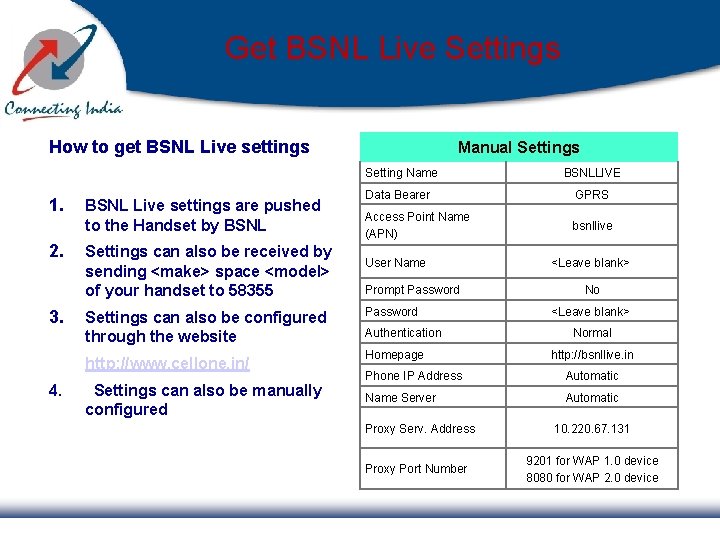 Get BSNL Live Settings How to get BSNL Live settings Manual Settings Setting Name