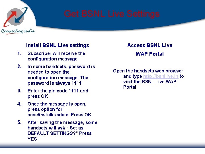 Get BSNL Live Settings Install BSNL Live settings Access BSNL Live 1. Subscriber will