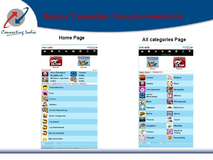Sample Transaction through screenshots Home Page All categories Page 