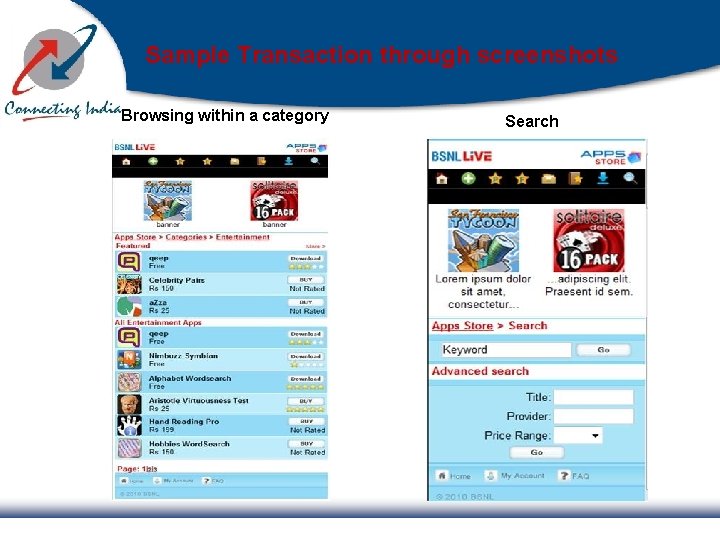 Sample Transaction through screenshots Browsing within a category Search 