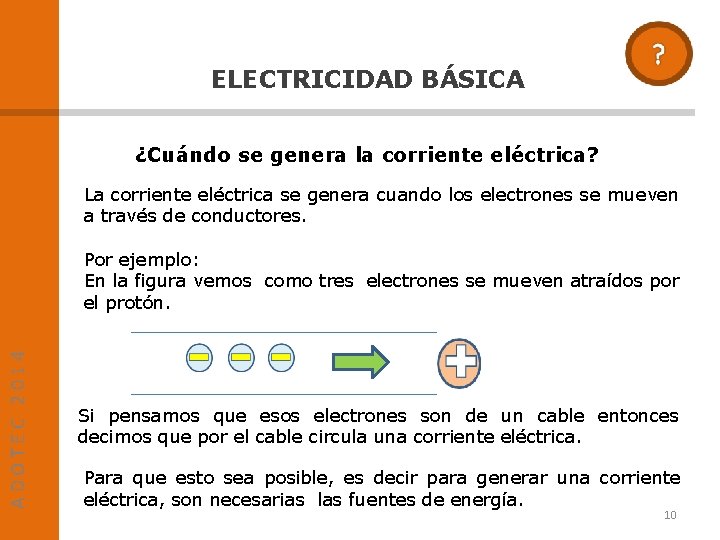 ELECTRICIDAD BÁSICA ¿Cuándo se genera la corriente eléctrica? La corriente eléctrica se genera cuando