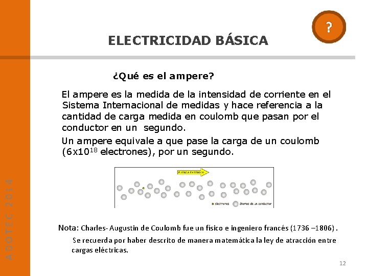 ELECTRICIDAD BÁSICA ¿Qué es el ampere? ADOTEC 2014 El ampere es la medida de