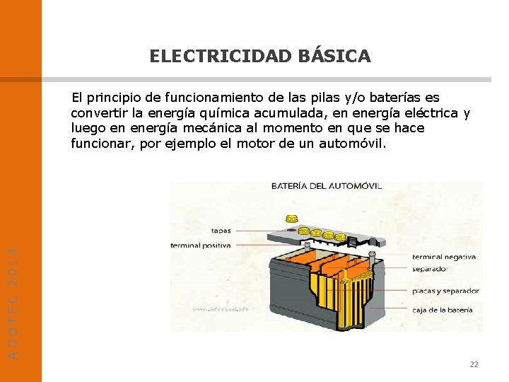 ELECTRICIDAD BÁSICA ADOTEC 2014 El principio de funcionamiento de las pilas y/o baterías es