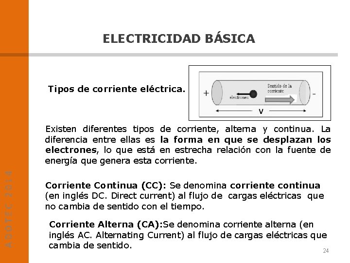 ELECTRICIDAD BÁSICA Tipos de corriente eléctrica. ADOTEC 2014 Existen diferentes tipos de corriente, alterna