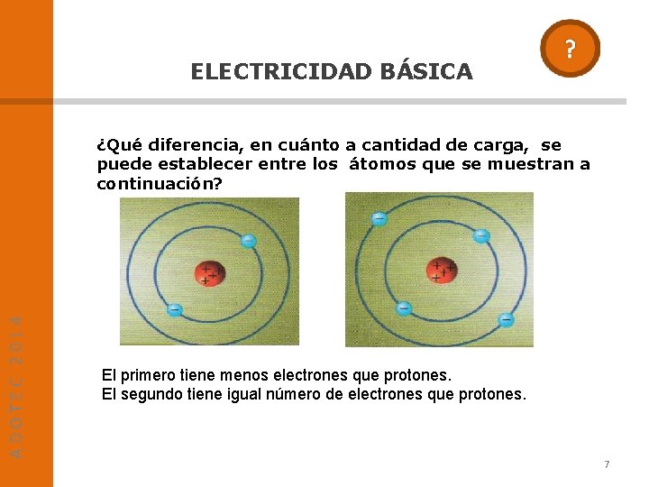 ELECTRICIDAD BÁSICA ADOTEC 2014 ¿Qué diferencia, en cuánto a cantidad de carga, se puede