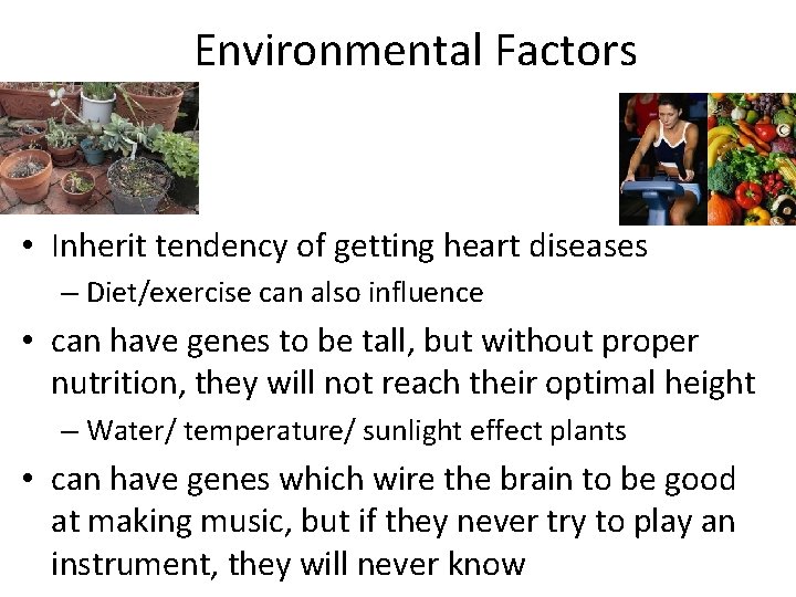 Environmental Factors • Inherit tendency of getting heart diseases – Diet/exercise can also influence