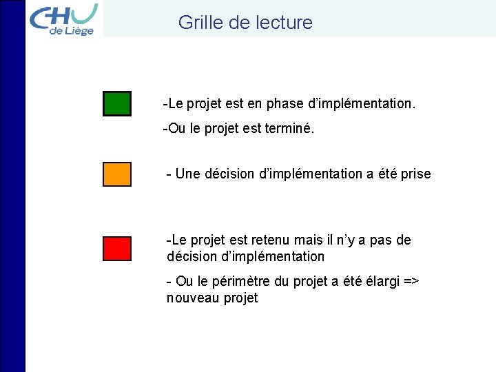 Grille de lecture -Le projet est en phase d’implémentation. -Ou le projet est terminé.