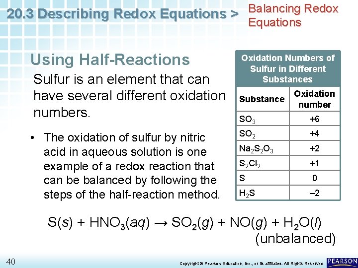 20. 3 Describing Redox Equations > Balancing Redox Equations Using Half-Reactions Sulfur is an