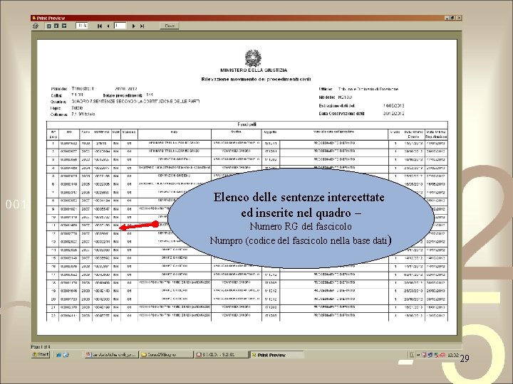 Elenco delle sentenze intercettate ed inserite nel quadro – Numero RG del fascicolo Numpro