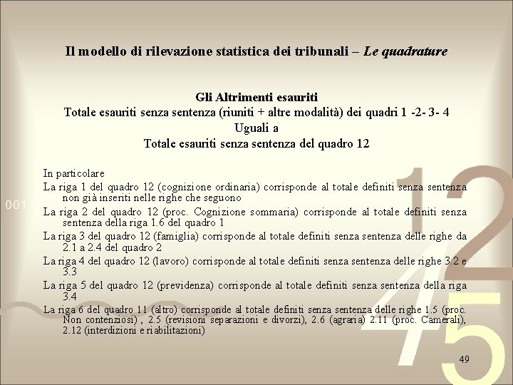 Il modello di rilevazione statistica dei tribunali – Le quadrature Gli Altrimenti esauriti Totale