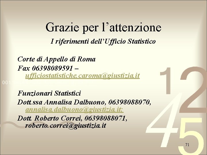 Grazie per l’attenzione I riferimenti dell’Ufficio Statistico Corte di Appello di Roma Fax 06398089591