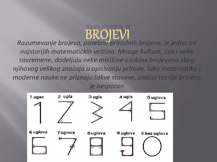 BROJEVI Razumevanje brojeva, posebno prirodnih brojeva, je jedna od najstarijih matematičkih veština. Mnoge kulture,