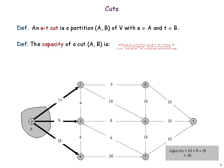 Cuts Def. An s-t cut is a partition (A, B) of V with s