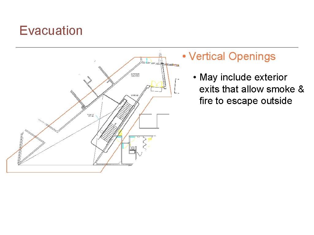 Evacuation • Vertical Openings • May include exterior exits that allow smoke & fire