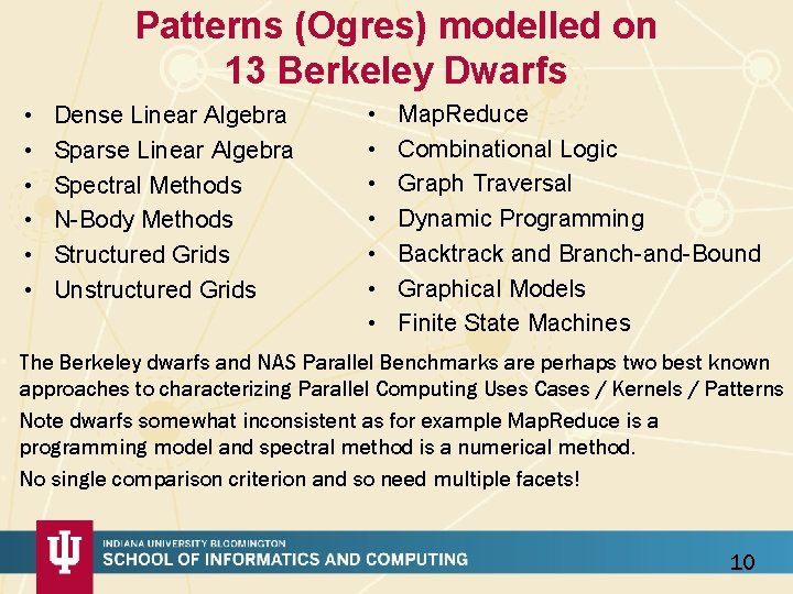 Patterns (Ogres) modelled on 13 Berkeley Dwarfs • • • Dense Linear Algebra Sparse