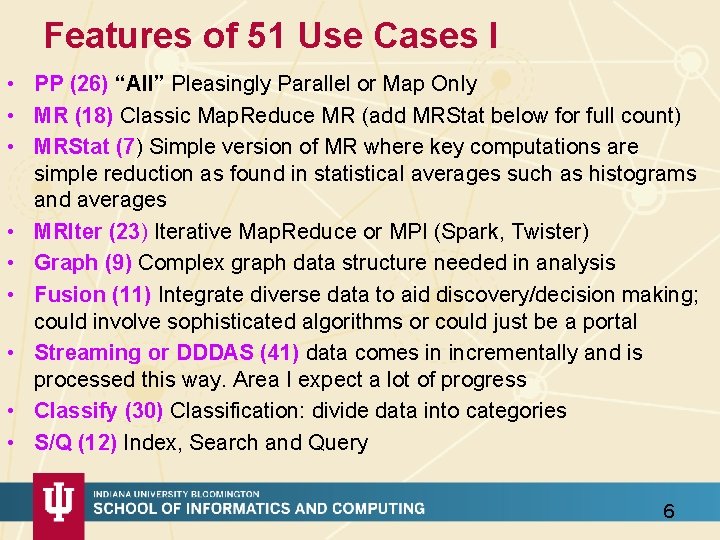 Features of 51 Use Cases I • PP (26) “All” Pleasingly Parallel or Map