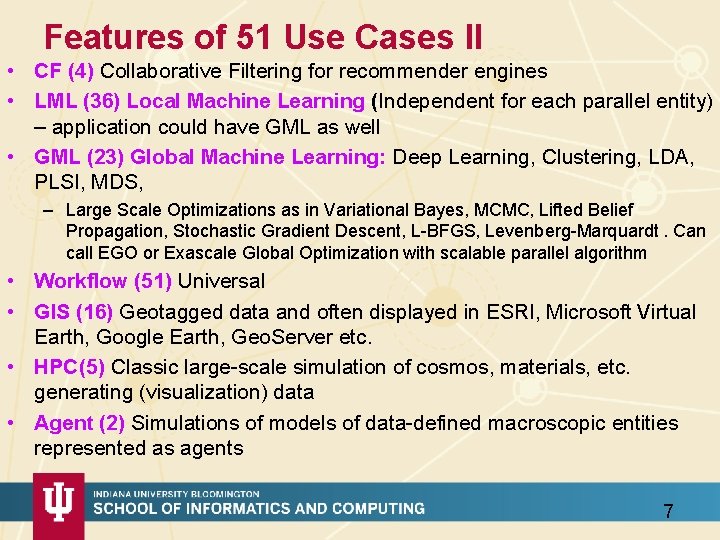 Features of 51 Use Cases II • CF (4) Collaborative Filtering for recommender engines