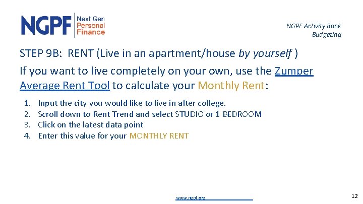 NGPF Activity Bank Budgeting STEP 9 B: RENT (Live in an apartment/house by yourself