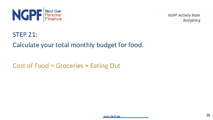 NGPF Activity Bank Budgeting STEP 21: Calculate your total monthly budget for food. Cost