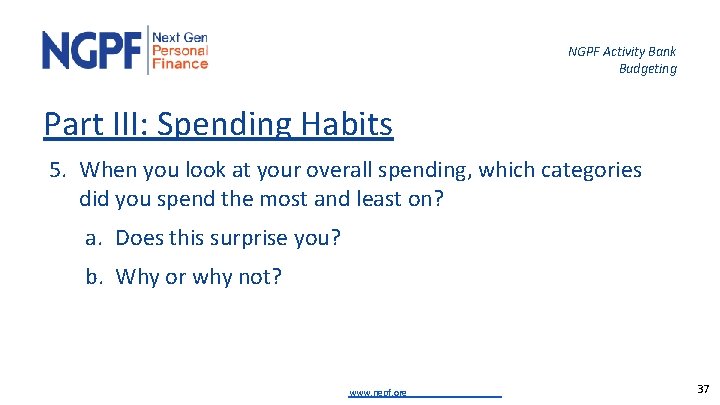 NGPF Activity Bank Budgeting Part III: Spending Habits 5. When you look at your