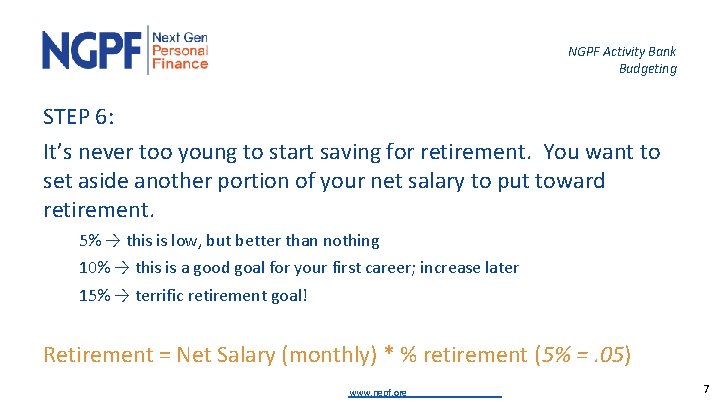 NGPF Activity Bank Budgeting STEP 6: It’s never too young to start saving for