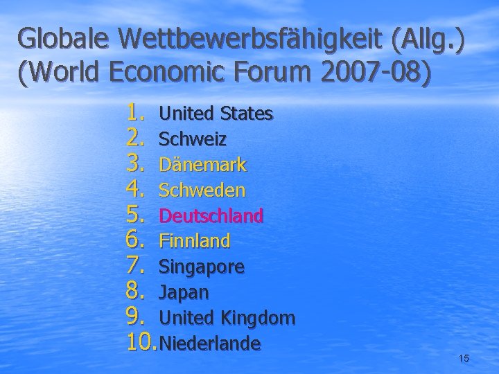 Globale Wettbewerbsfähigkeit (Allg. ) (World Economic Forum 2007 -08) 1. United States 2. Schweiz