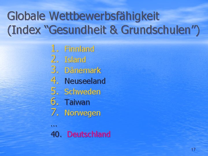 Globale Wettbewerbsfähigkeit (Index “Gesundheit & Grundschulen”) 1. 2. 3. 4. 5. 6. 7. Finnland