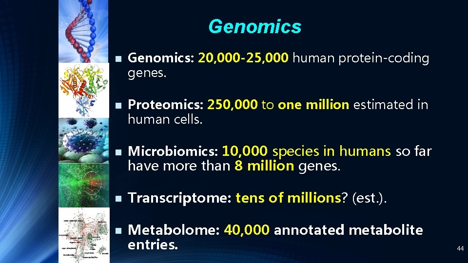 Genomics n Genomics: 20, 000 -25, 000 human protein-coding genes. n Proteomics: 250, 000