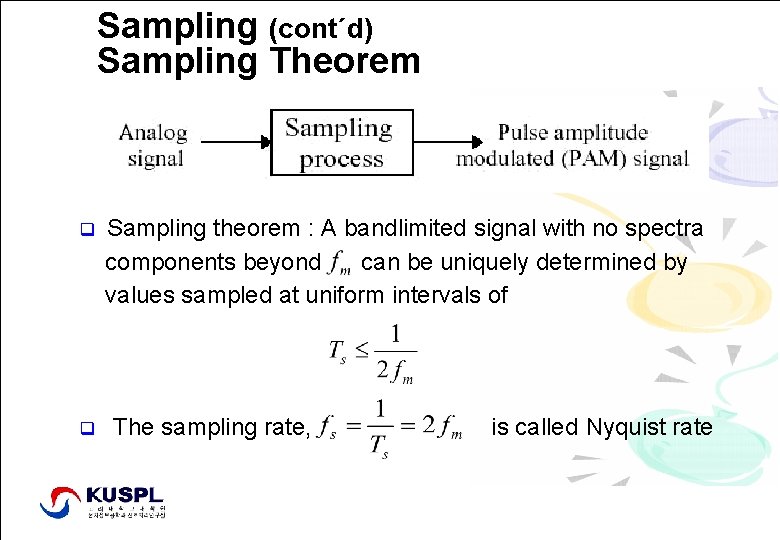 Sampling (cont´d) Sampling Theorem q q Sampling theorem : A bandlimited signal with no