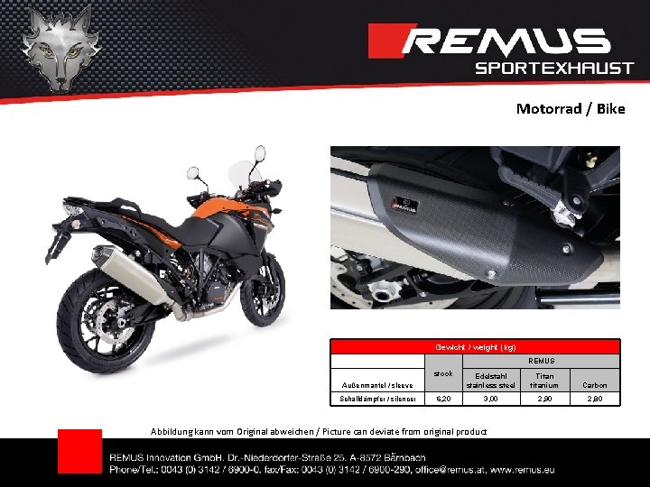 Motorrad / Bike Gewicht / weight (kg) REMUS stock Außenmantel / sleeve Schalldämpfer /