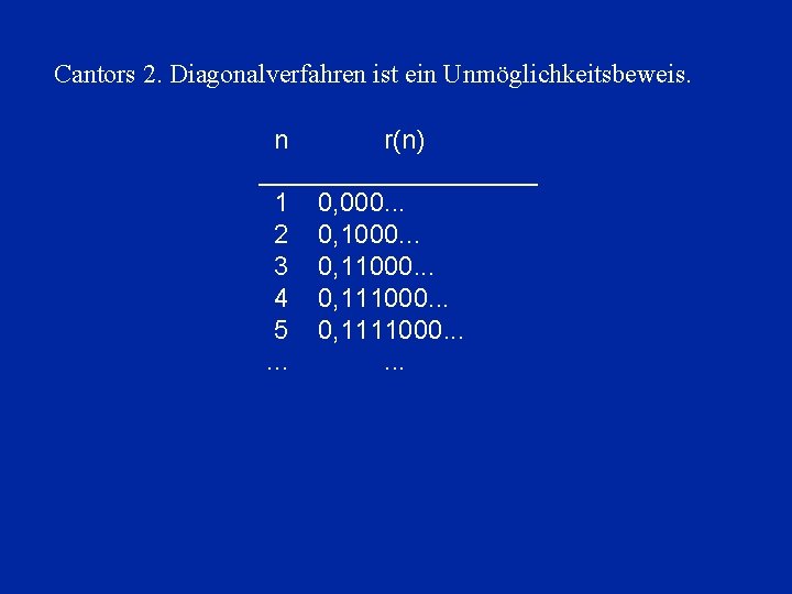 Cantors 2. Diagonalverfahren ist ein Unmöglichkeitsbeweis. n r(n) 00000__________ 0000001 0, 000. . .