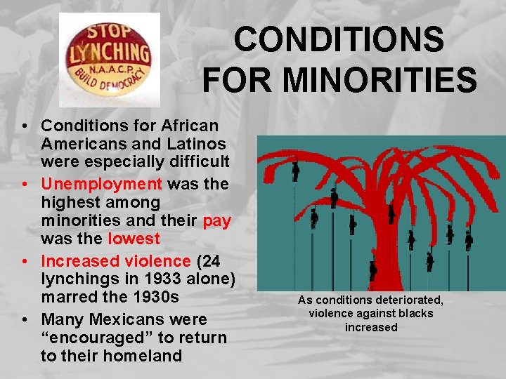 CONDITIONS FOR MINORITIES • Conditions for African Americans and Latinos were especially difficult •
