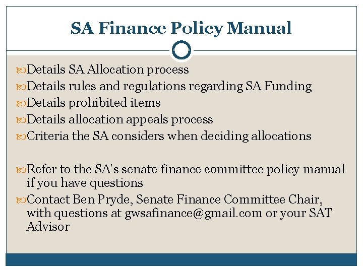 SA Finance Policy Manual Details SA Allocation process Details rules and regulations regarding SA
